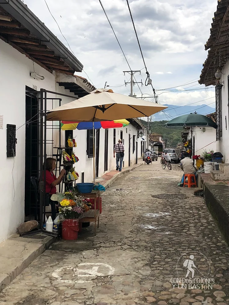 Calle empedrada con casas blancas y puestos de flores en San Juan de Girón, Santander